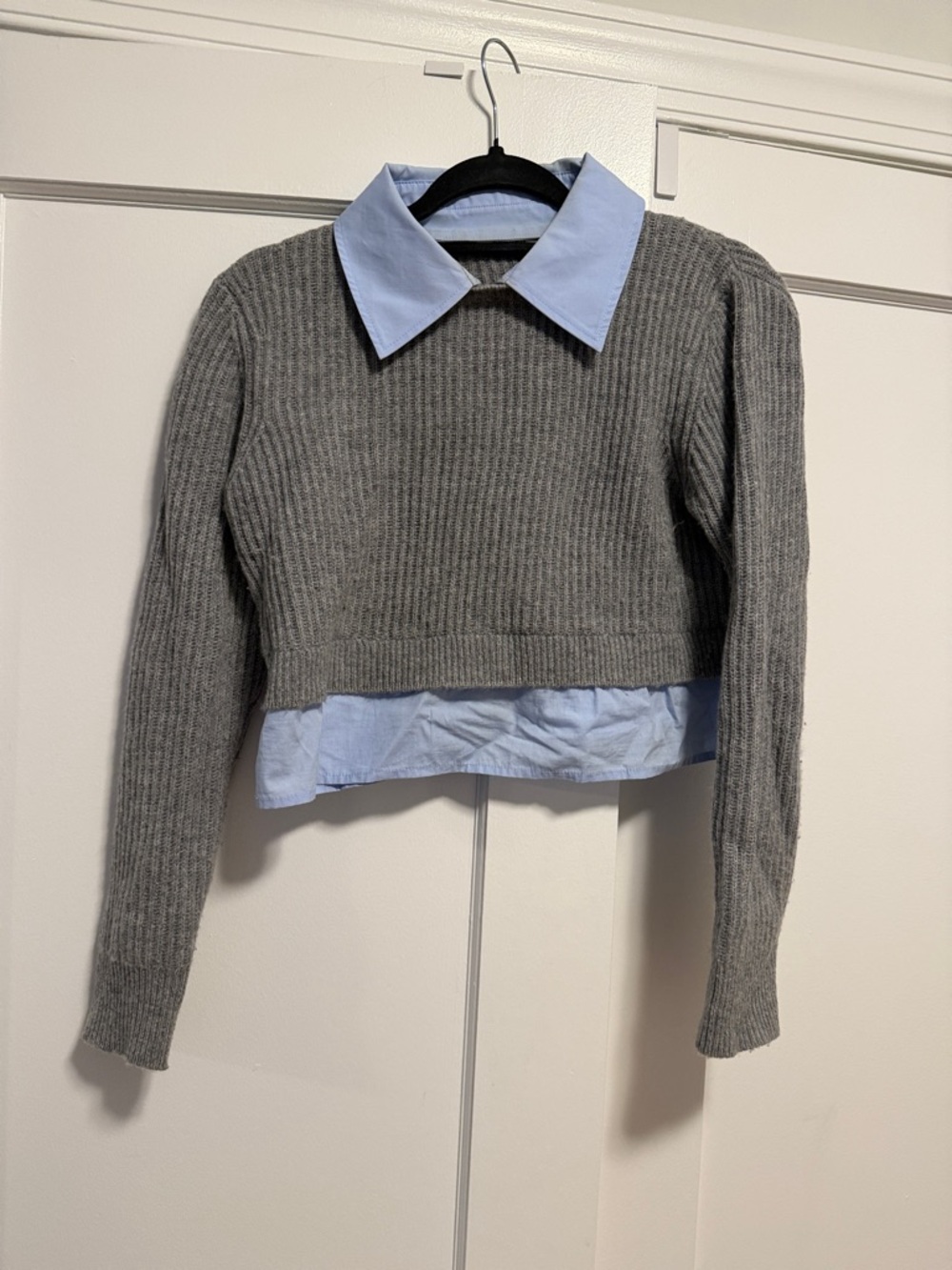 Sandro Gray Ribbed Cropped Sweater with Light Blue Shirt Detail